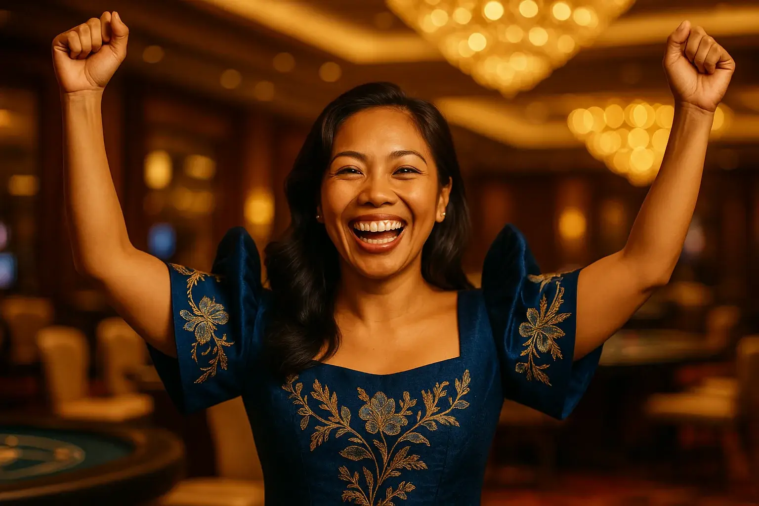 Joyful Filipino woman in elegant Filipiniana dress celebrating in casino VIP lounge