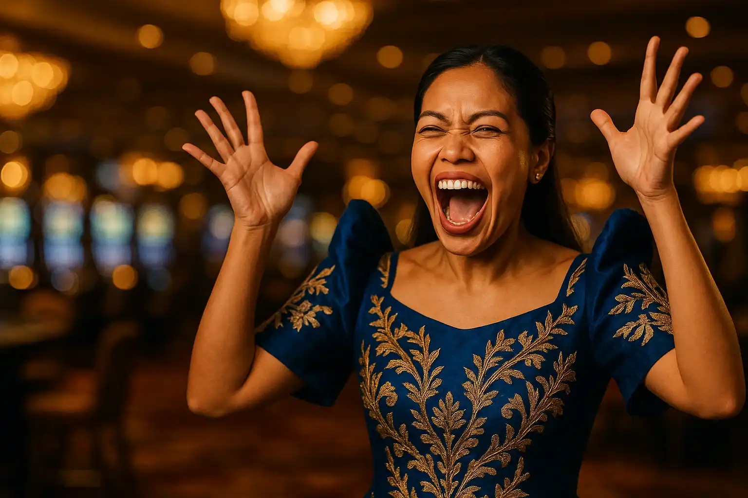 Thrilled Filipino woman in elegant Filipiniana attire celebrating in casino lounge