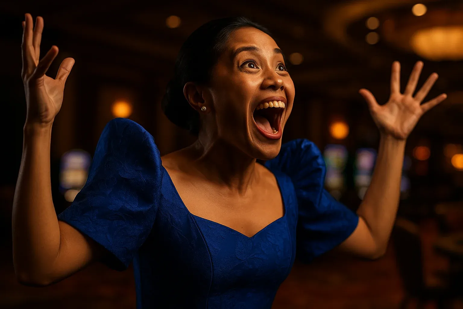 Thrilled Filipino woman in royal blue Filipiniana dress celebrating in casino lounge