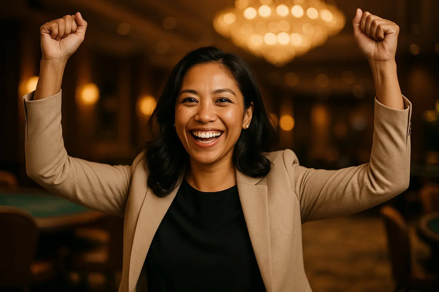 Joyful Filipino woman celebrating in VIP casino lounge with golden lighting