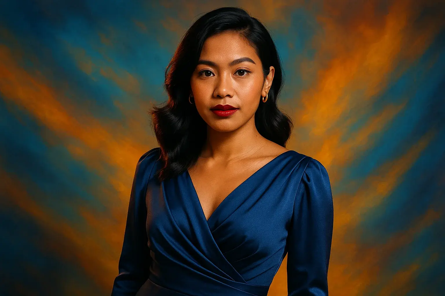 High-resolution portrait of stylish Filipino woman in elegant dress on blue and gold gradient background