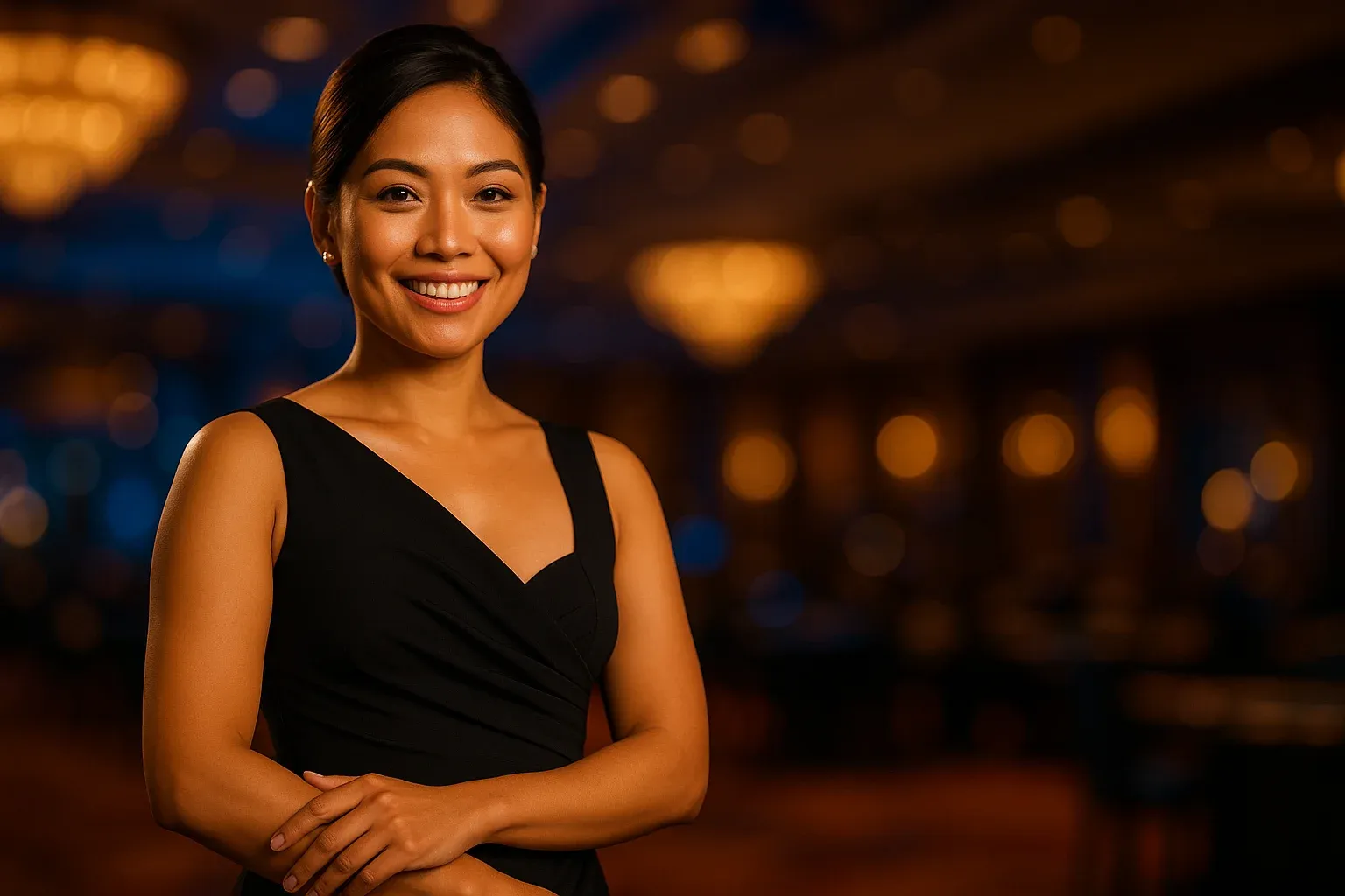 Elegant Filipino woman in evening dress smiling, blurred casino background lighting