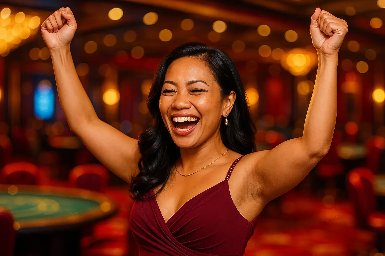 Joyful Filipino woman in elegant dress celebrating casino win in VIP lounge