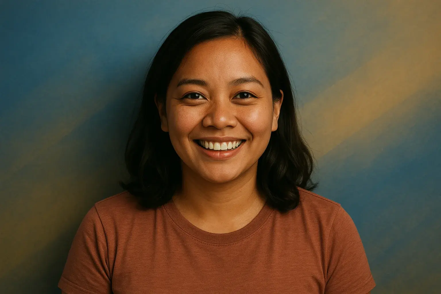 High-resolution portrait of smiling Filipino woman on blue and gold gradient background