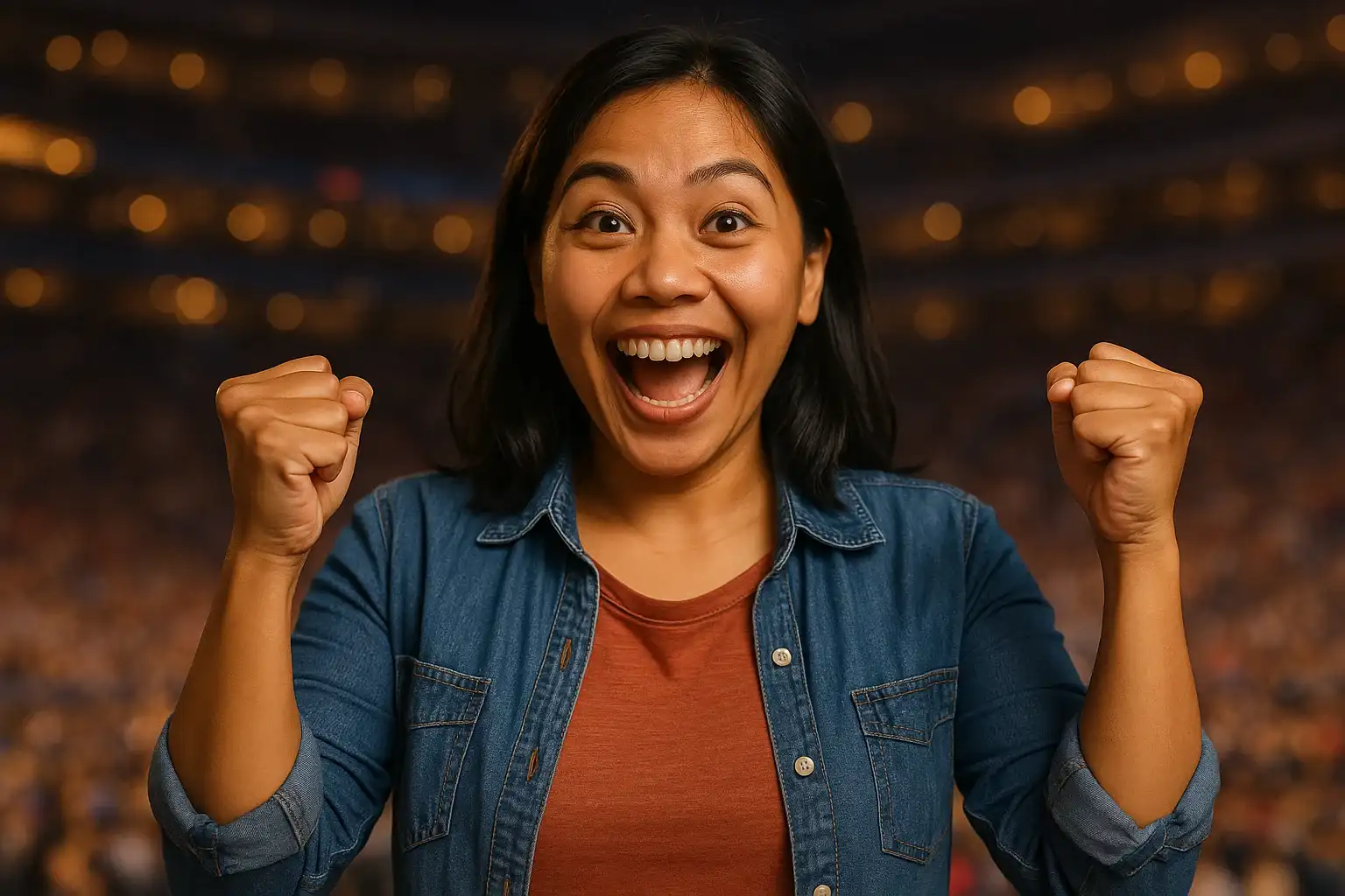 High-resolution portrait of enthusiastic Filipino woman celebrating with raised fists in arena