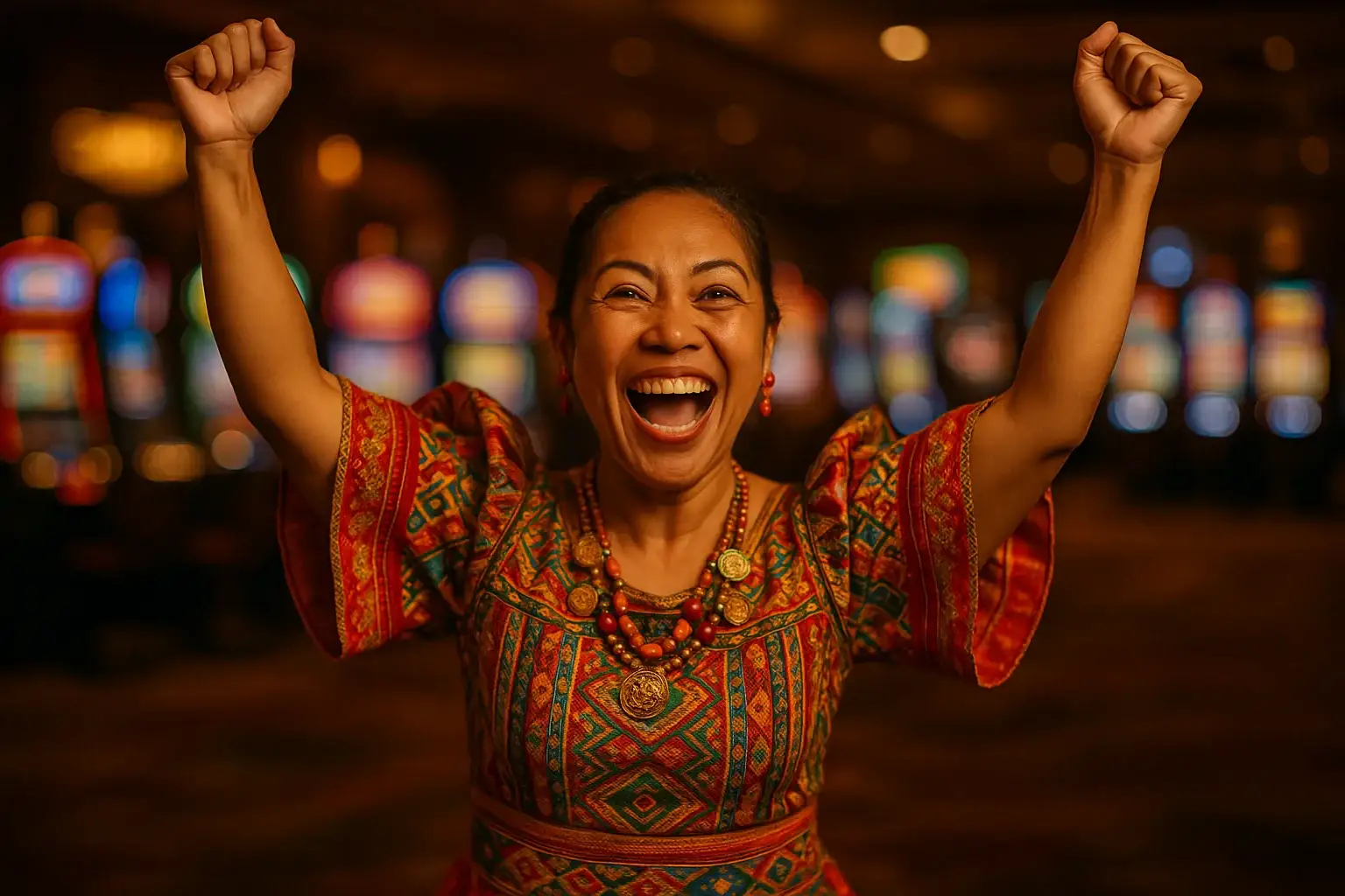Excited Filipino woman celebrating with raised arms on blurred casino slots floor