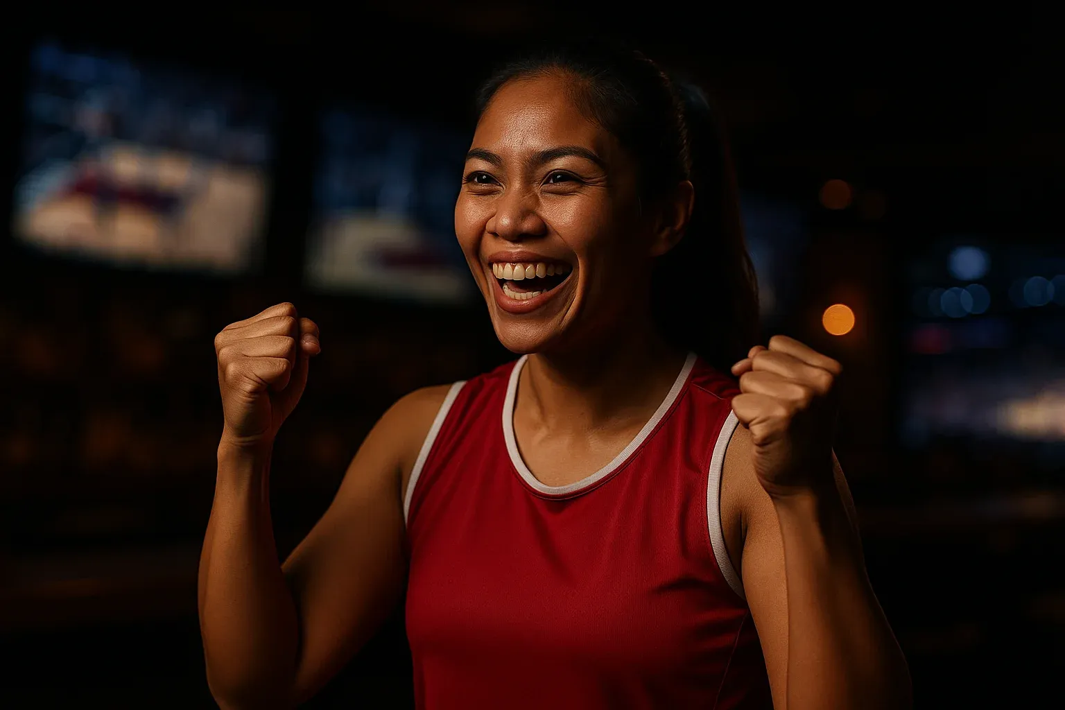 Enthusiastic Filipino woman celebrating in sports attire at a sports bar